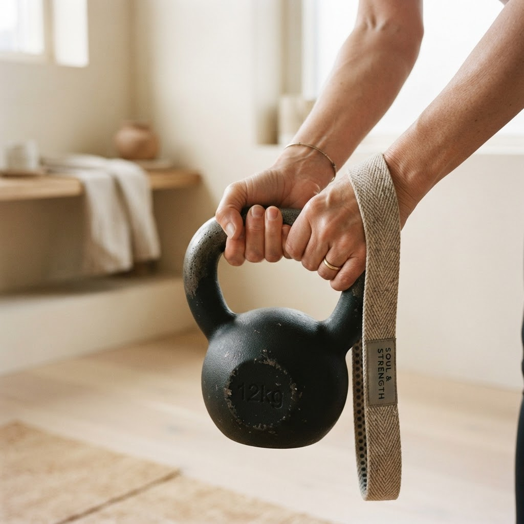 Close-up of hands training with a kettlebell and resistance strap